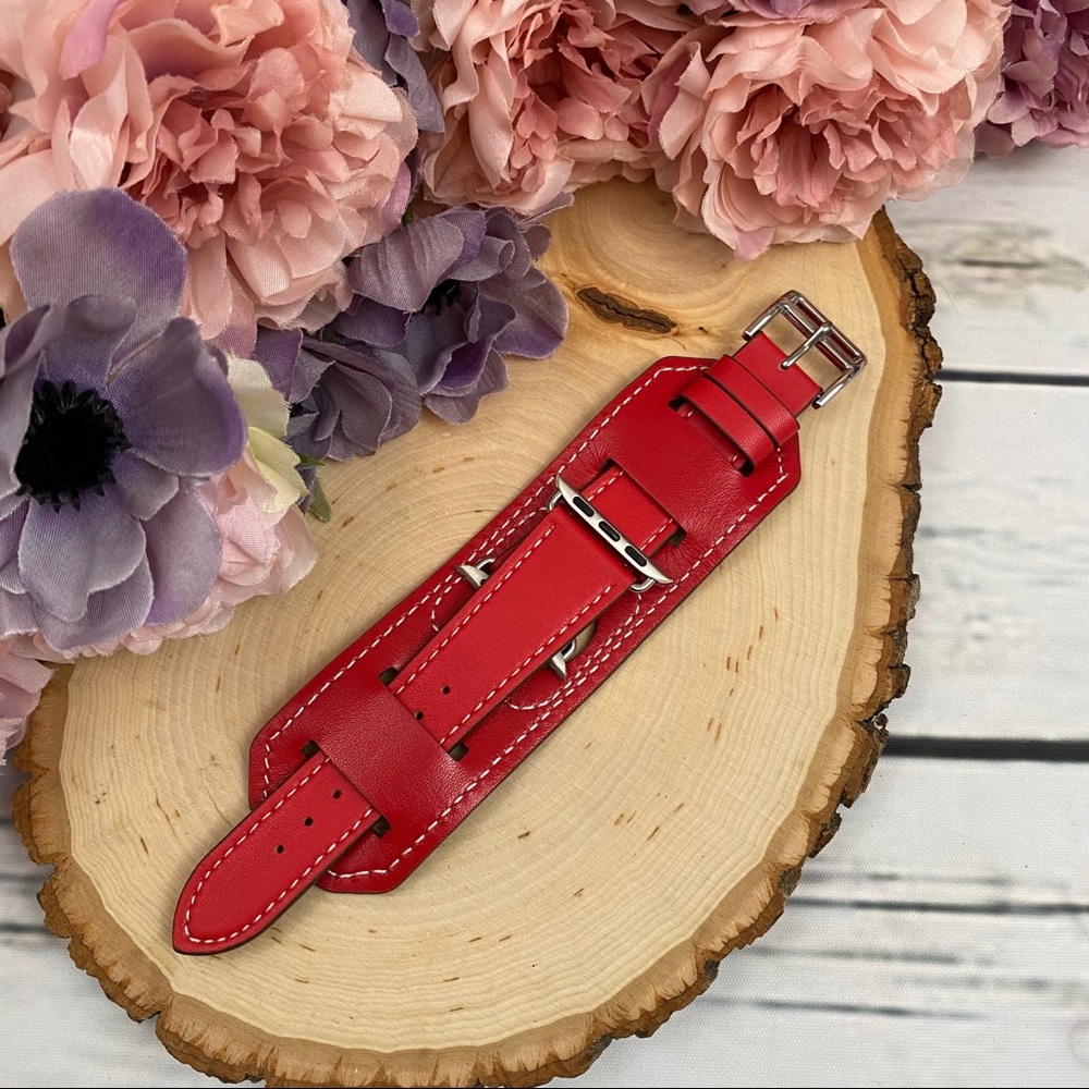 Vegan Leather Red Double Cuff Watchband for Apple - Picture 9 of 13